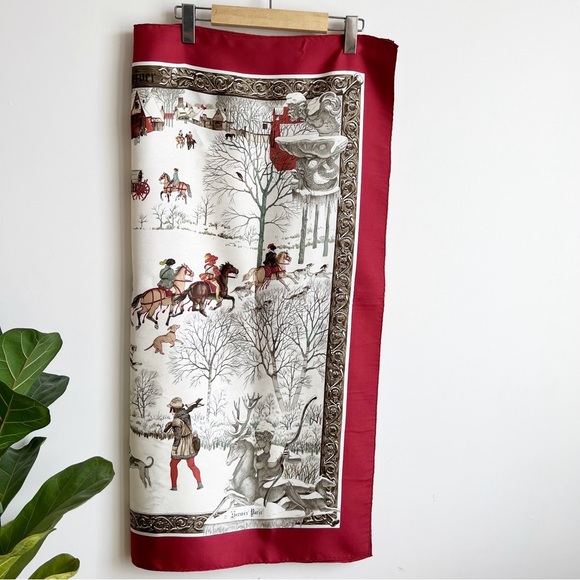 Hermes Accessories - HERMES PARIS "L'hiver" Designed by Phillipe Ledoux 1968 Silk Scarf Vintage Red